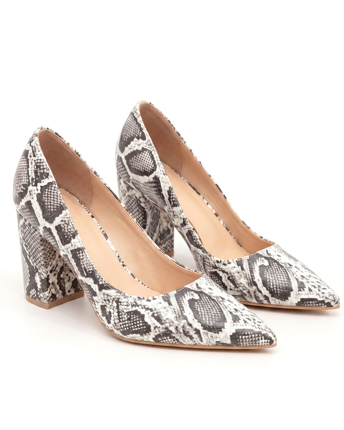 Mescini - natural snake print block heel pumps on white, close view of the stacked heel, US sizes