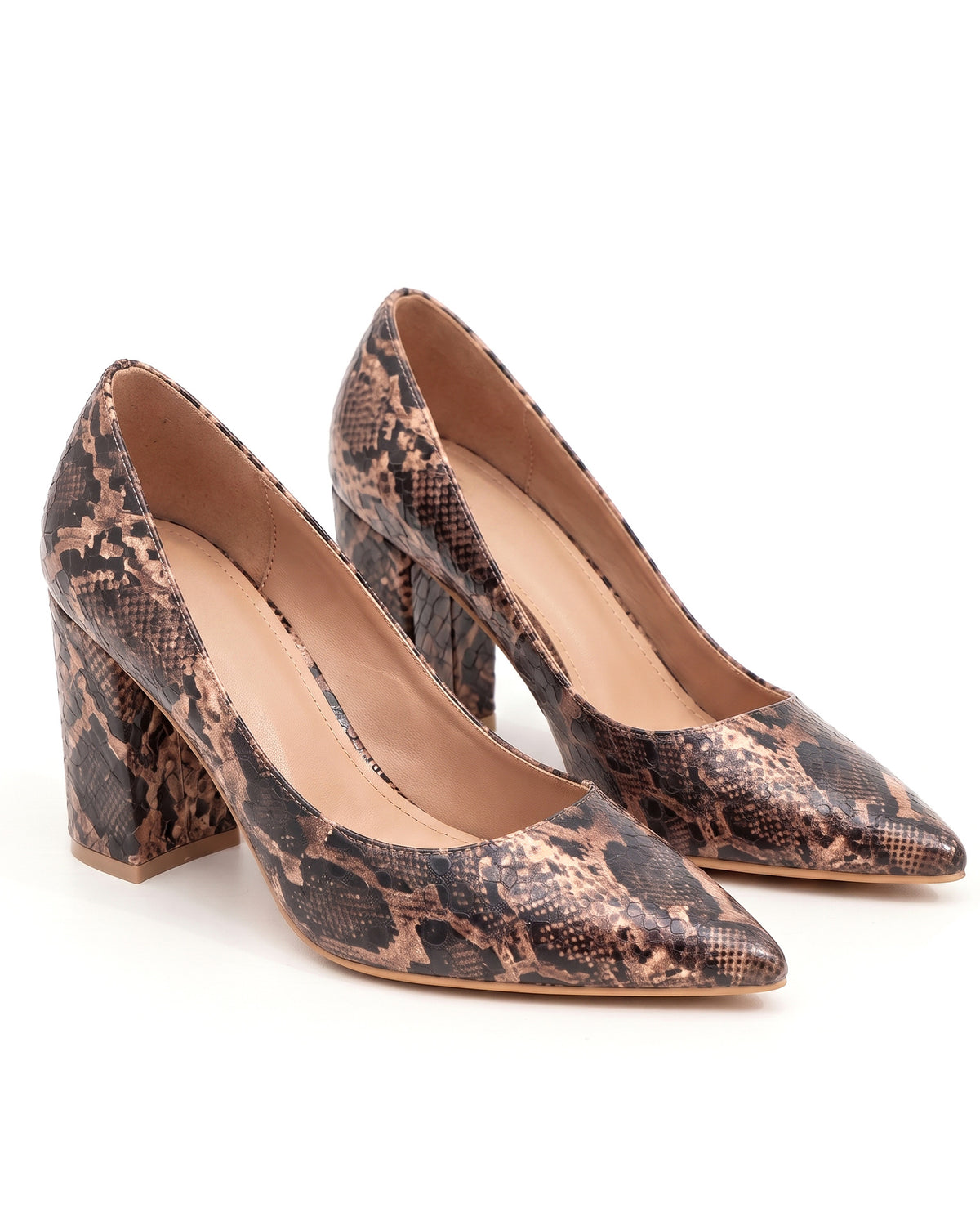 Mescini - brown snake print block heel pumps on a white studio background, angled pair view