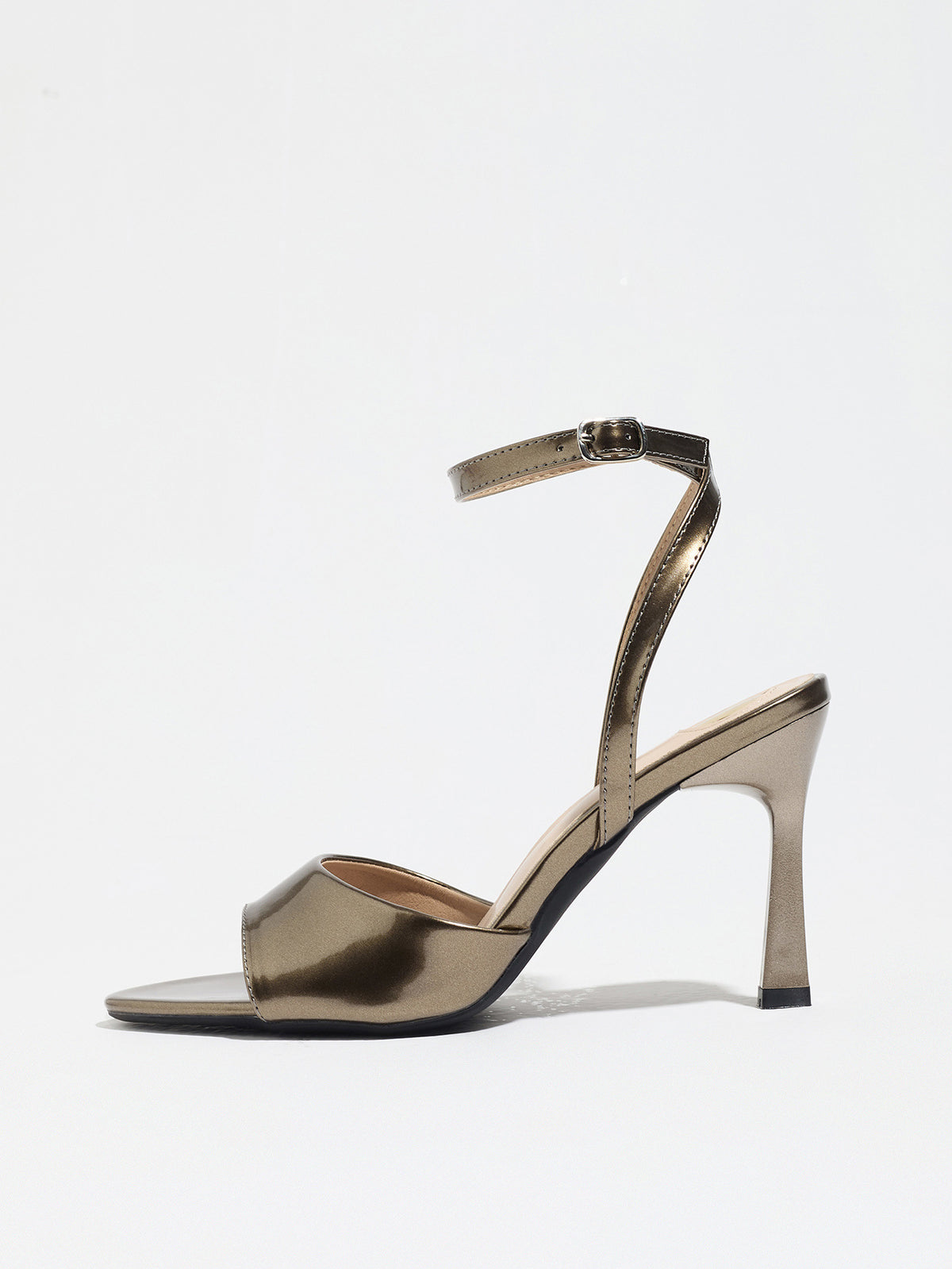 Mescini bronze single band ankle strap sandals, side profile of one shoe on white, US women's sizes