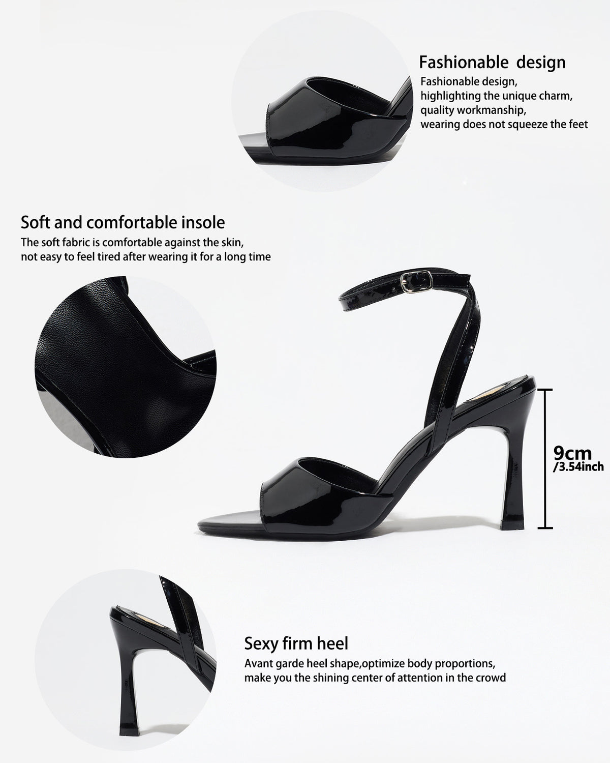 Mescini black single band ankle strap sandals, detail graphic marking the 9 cm heel, US women's sizes