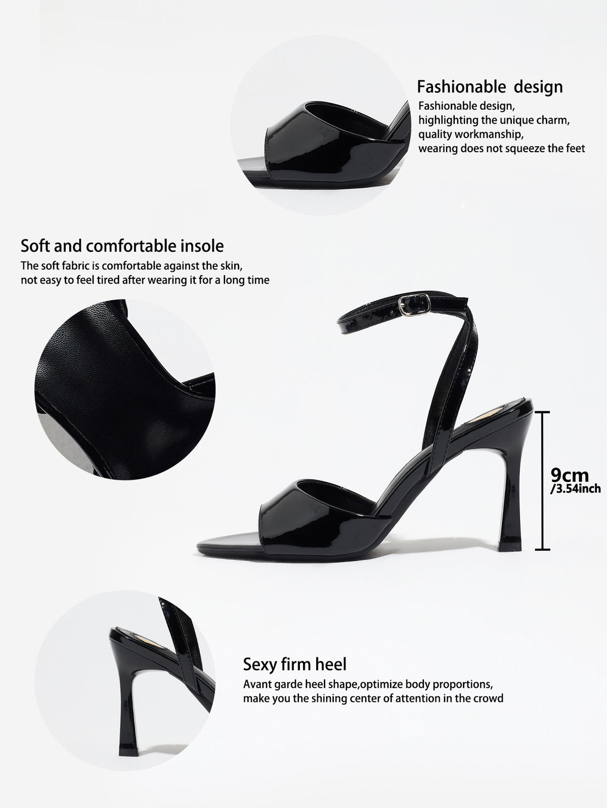 Mescini black single band ankle strap sandals, detail graphic marking the 9 cm heel, US women's sizes