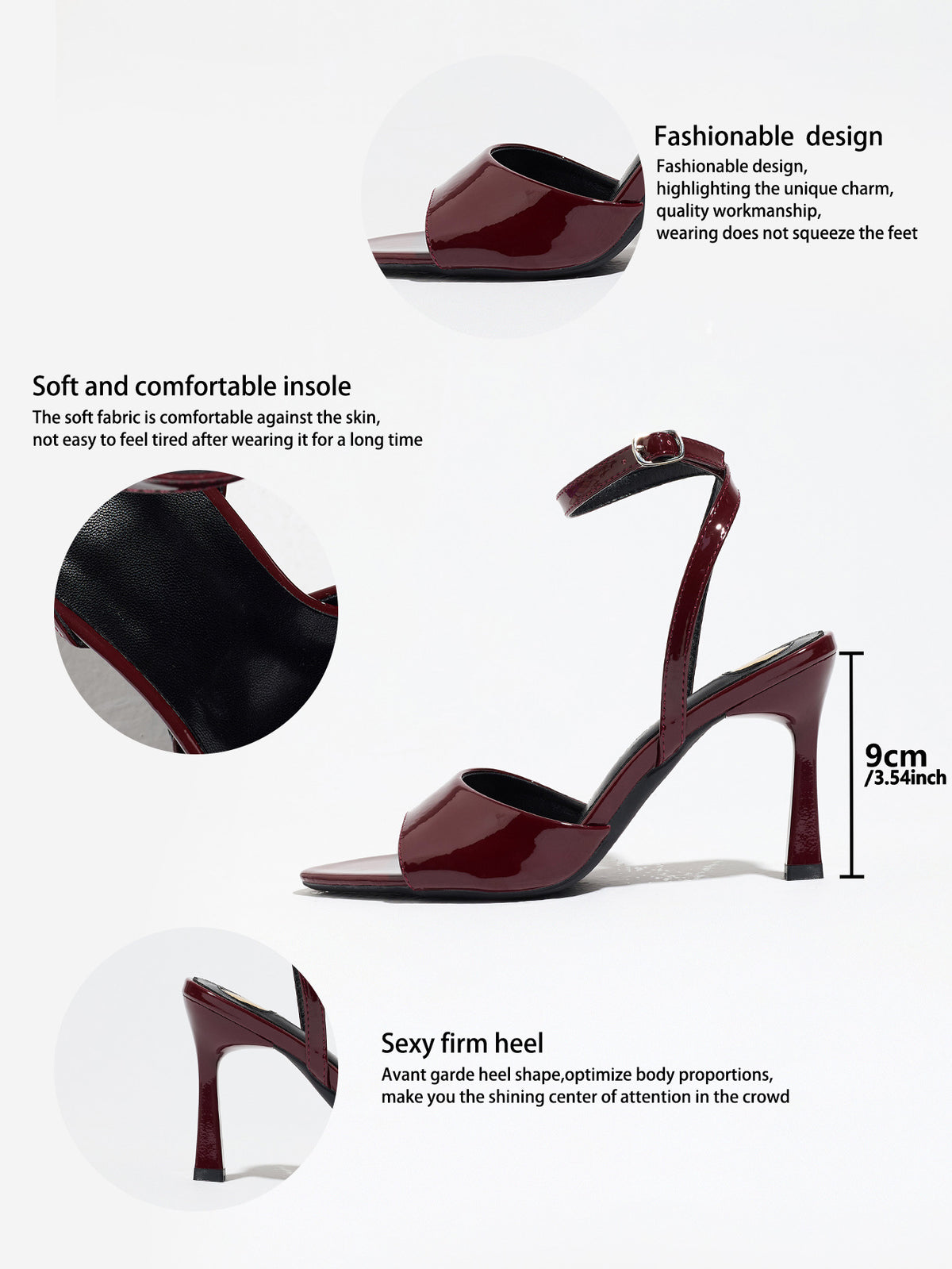 Mescini burgundy single band ankle strap sandals, graphic marking the 9 cm heel, US women's sizes