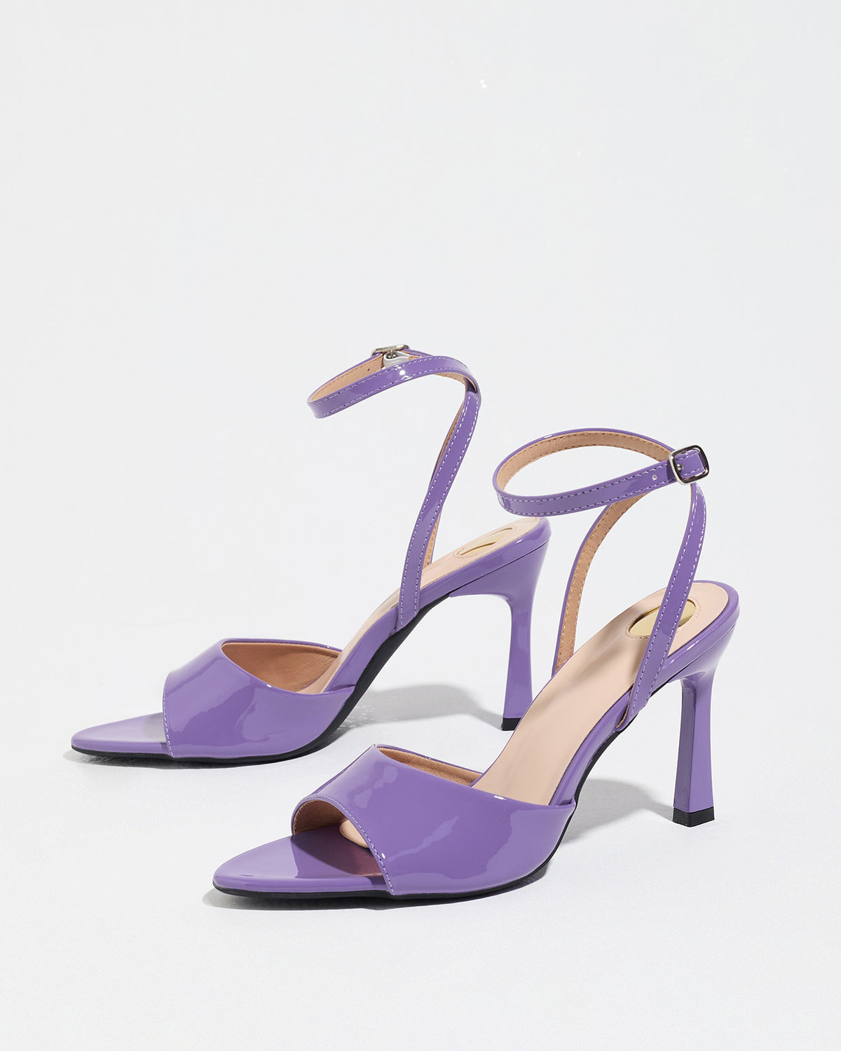 Mescini purple single band ankle strap sandals, the pair standing at an angle, US women's sizes