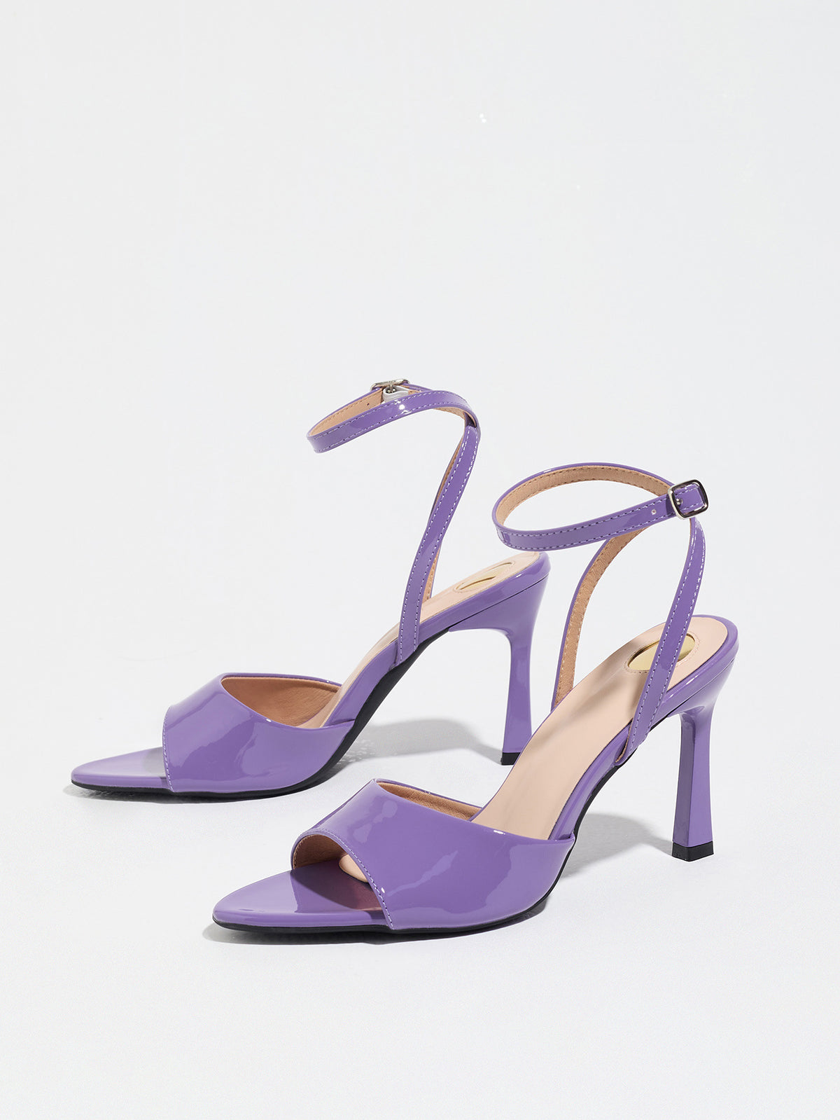 Mescini purple single band ankle strap sandals, the pair standing at an angle, US women's sizes