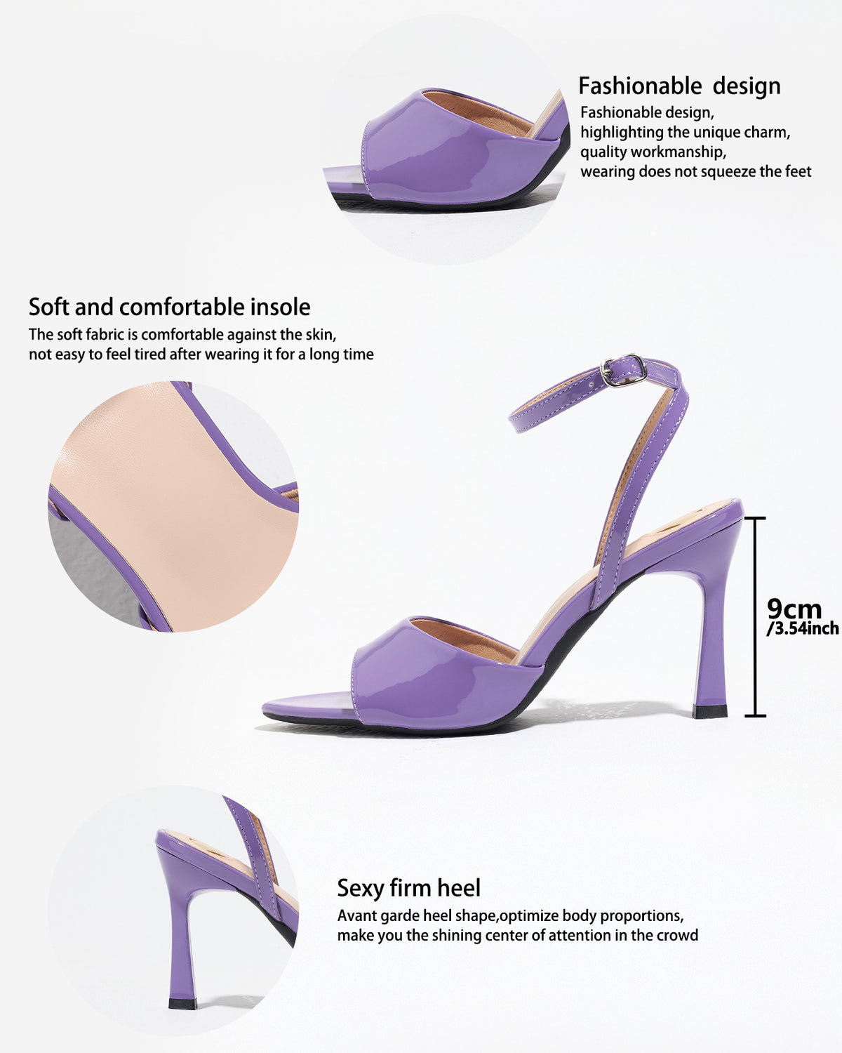Mescini purple single band ankle strap sandals, graphic marking the 9 cm heel, US women's sizes