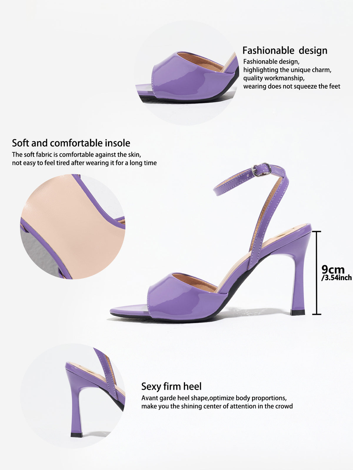 Mescini purple single band ankle strap sandals, graphic marking the 9 cm heel, US women's sizes