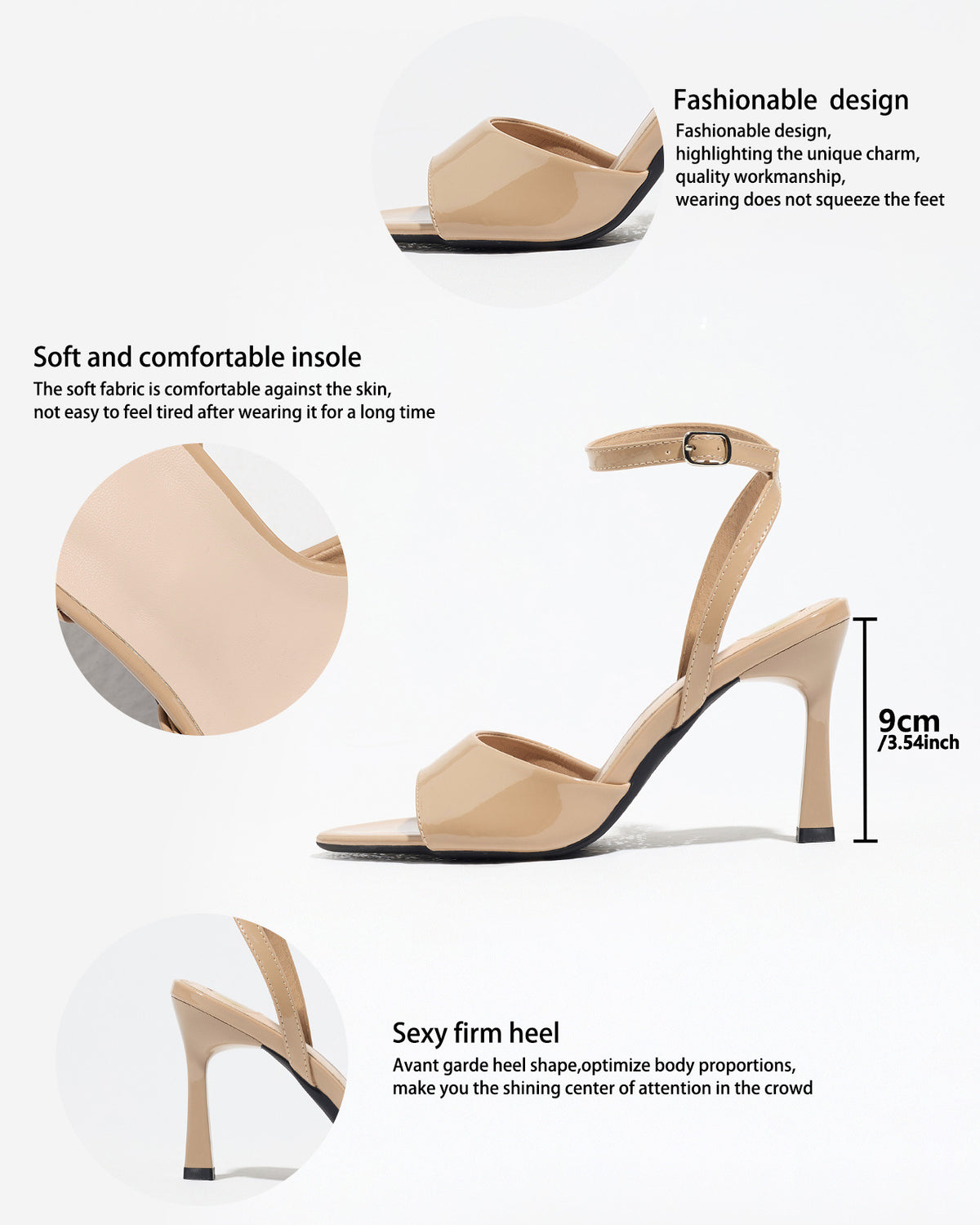 Mescini apricot single band ankle strap sandals, graphic marking the 9 cm heel, US women's sizes