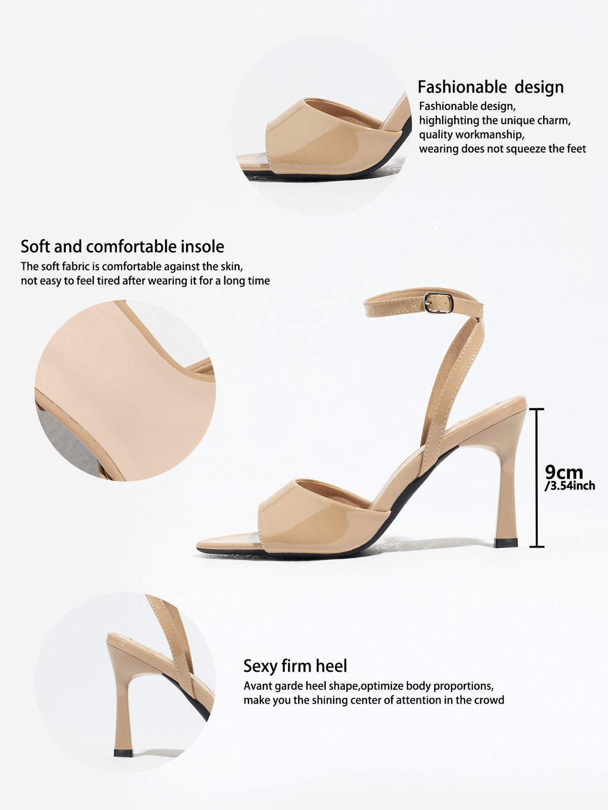 Mescini apricot single band ankle strap sandals, graphic marking the 9 cm heel, US women's sizes