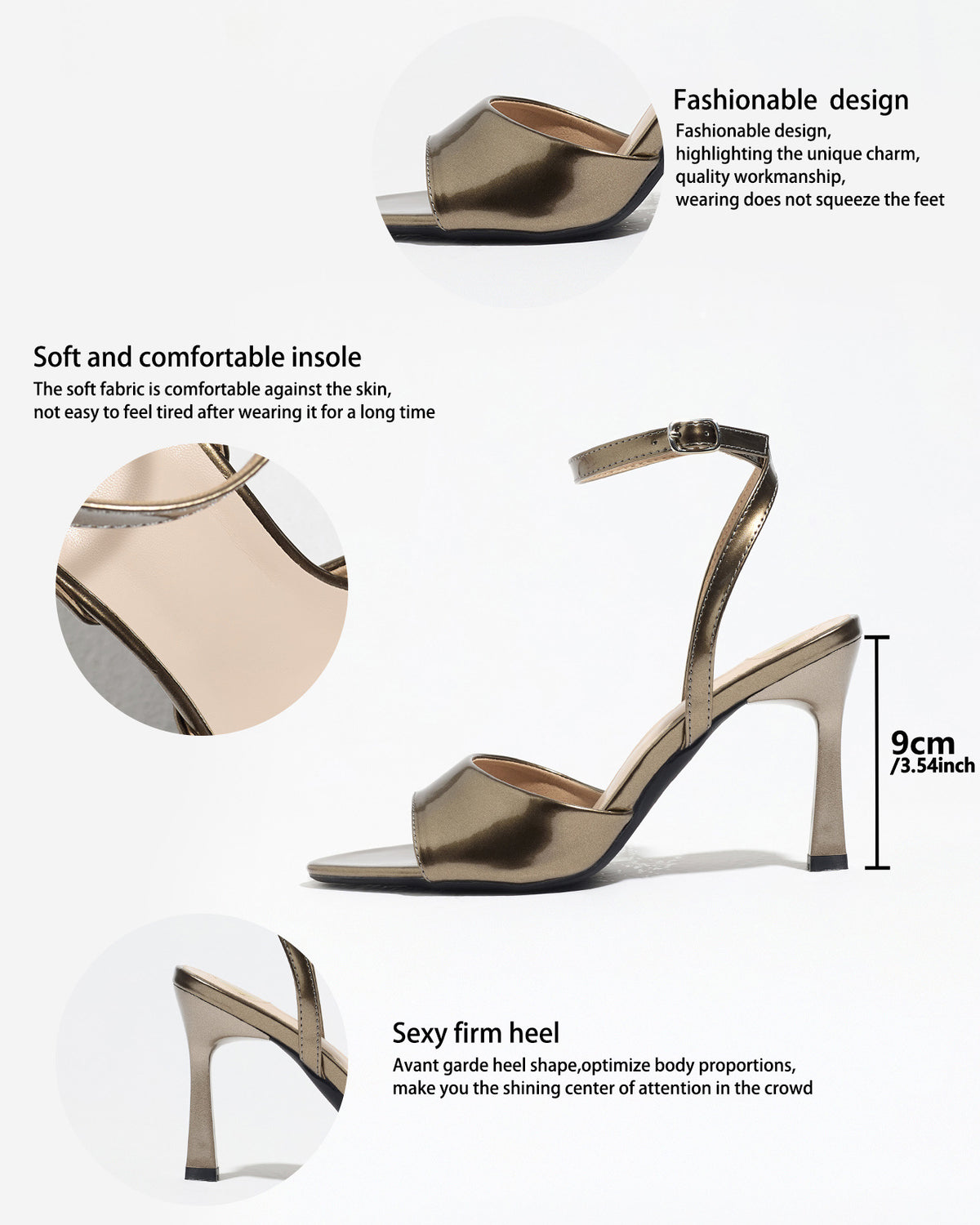 Mescini bronze single band ankle strap sandals, detail graphic marking the 9 cm heel, US women's sizes