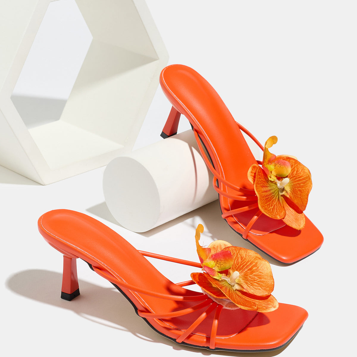 Mescini apricot square toe heeled mule sandals with orchid trim, styled pair, US women's sizes
