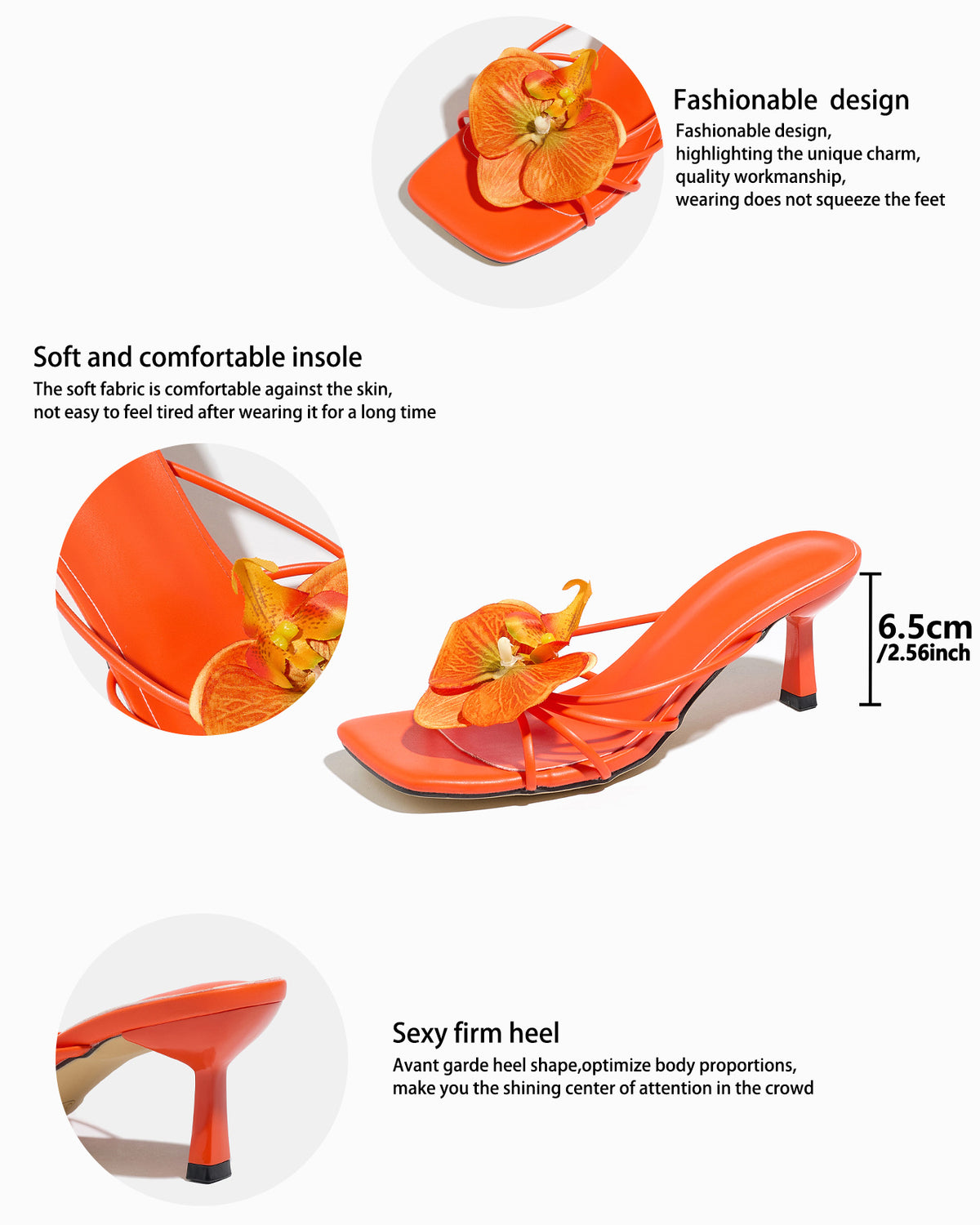 Mescini apricot square toe heeled mule sandals, supplier design panel with notes, US women's sizes