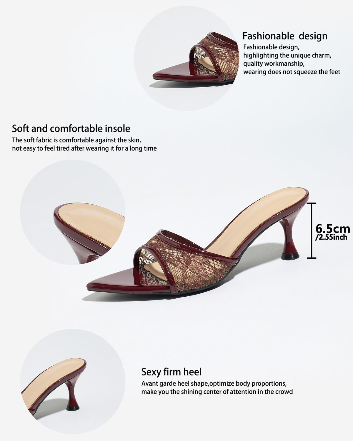 Mescini burgundy sheer lace pointed toe mule heels, feature panel with a 6.5 cm callout, US women's sizes
