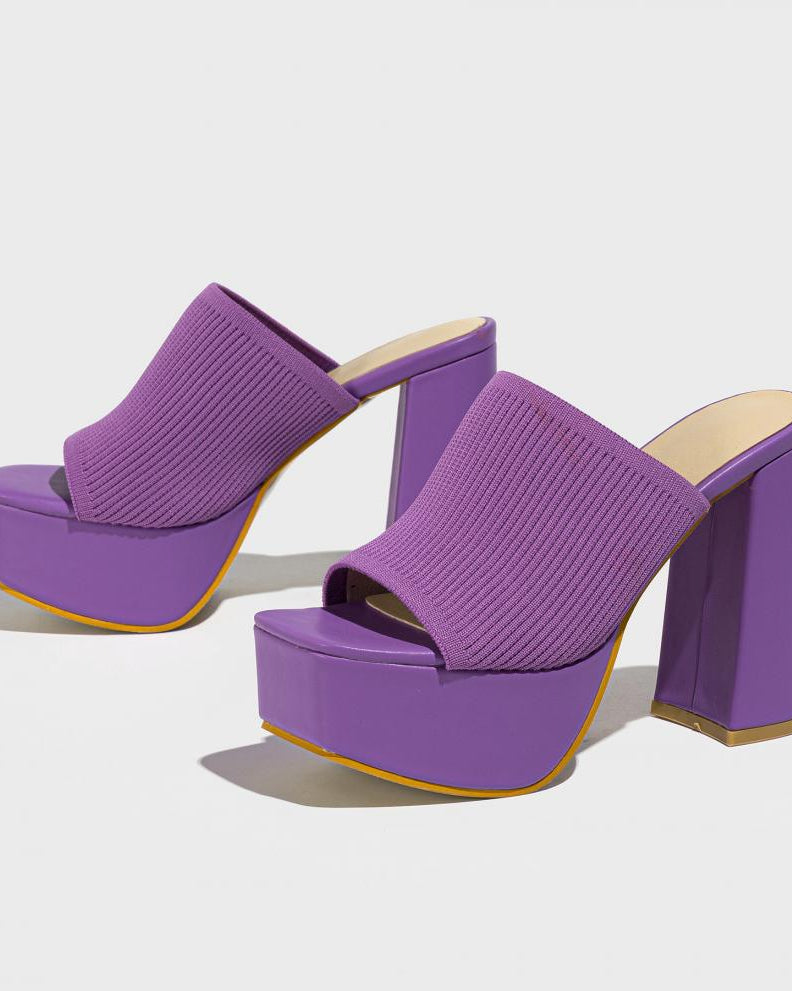 Mescini purple knit band platform mule heels, angled pair seen on grey, US women's sizes
