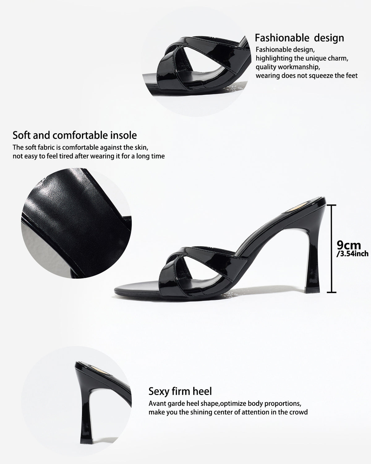 Mescini black cross strap stiletto mule sandals, feature panel with 9 cm heel diagram, US women's sizes