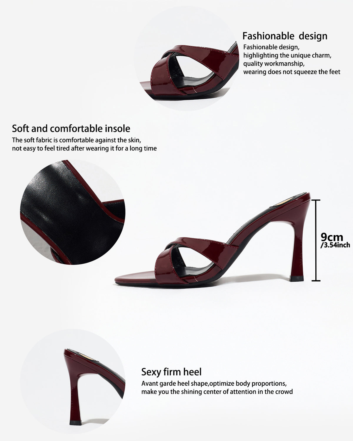Mescini burgundy cross strap stiletto mule sandals, spec panel showing 9 cm heel, US women's sizes