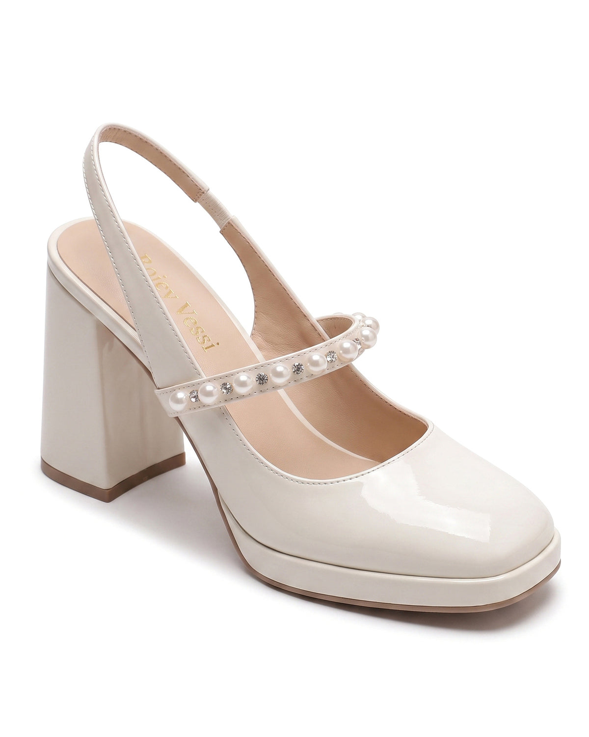 Mescini white pearl strap platform mary jane heels, a single shoe angled on a pale ground, US women's sizes