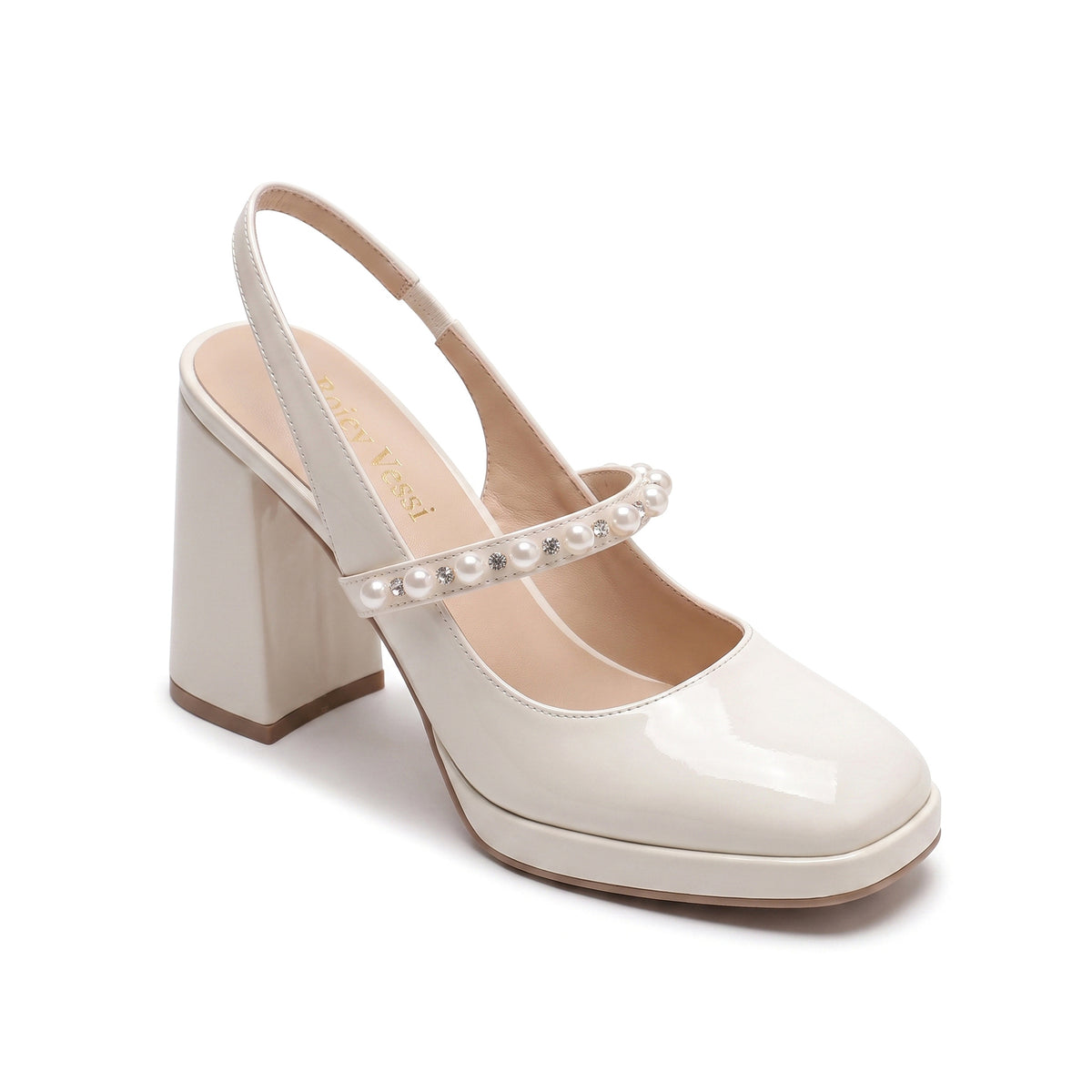 Mescini white pearl strap platform mary jane heels, a single shoe angled on a pale ground, US women's sizes