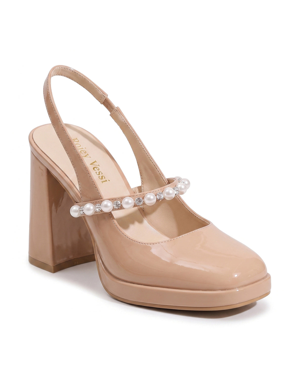 Mescini nude pearl strap platform mary jane heels, single shoe seen from the side on white, US women's sizes