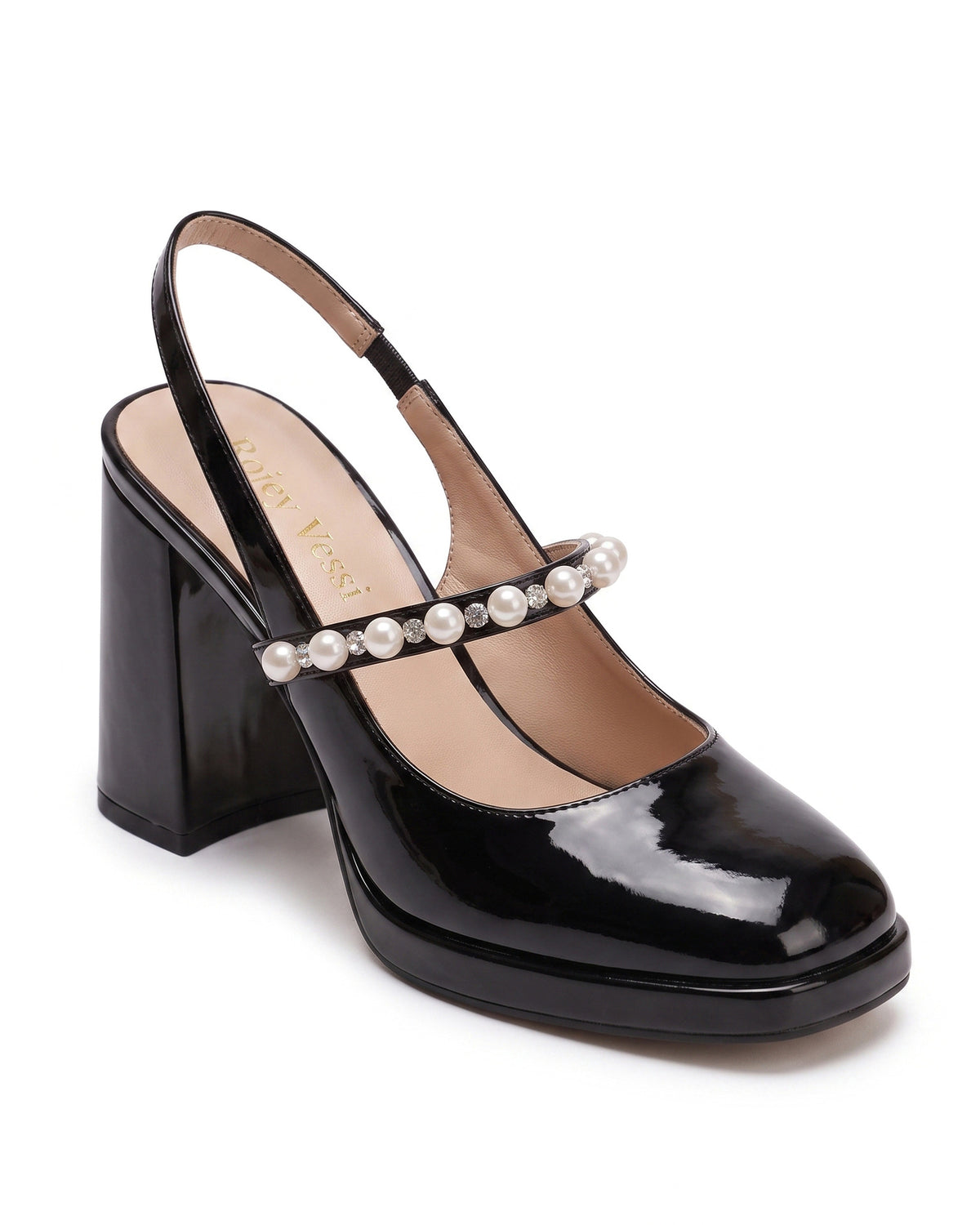 Mescini black pearl strap platform mary jane heels, one shoe photographed from the side, US women's sizes