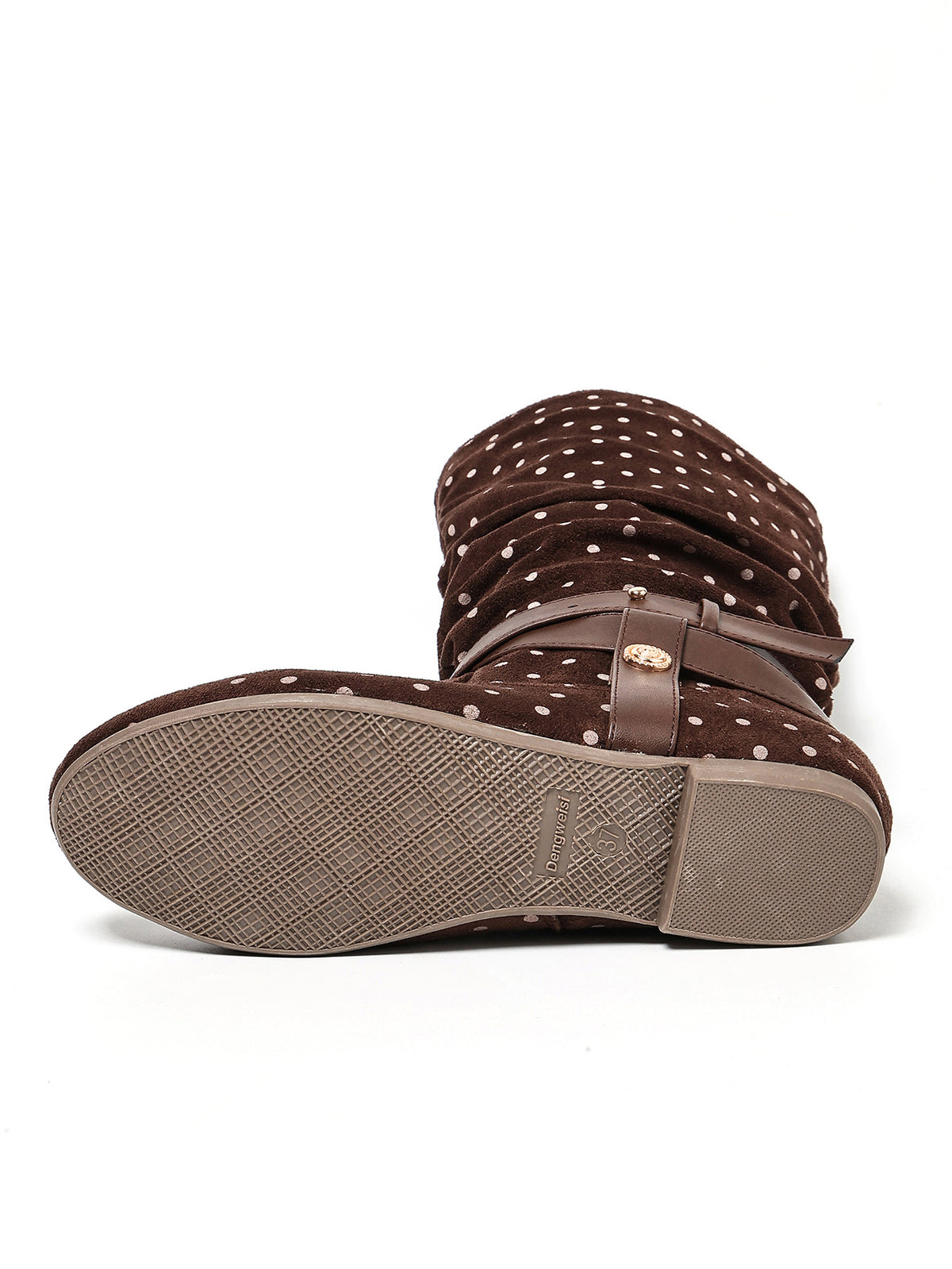 Mescini brown ruched buckle fold over flat boots, laid on its side to show the ribbed sole, US women's sizes
