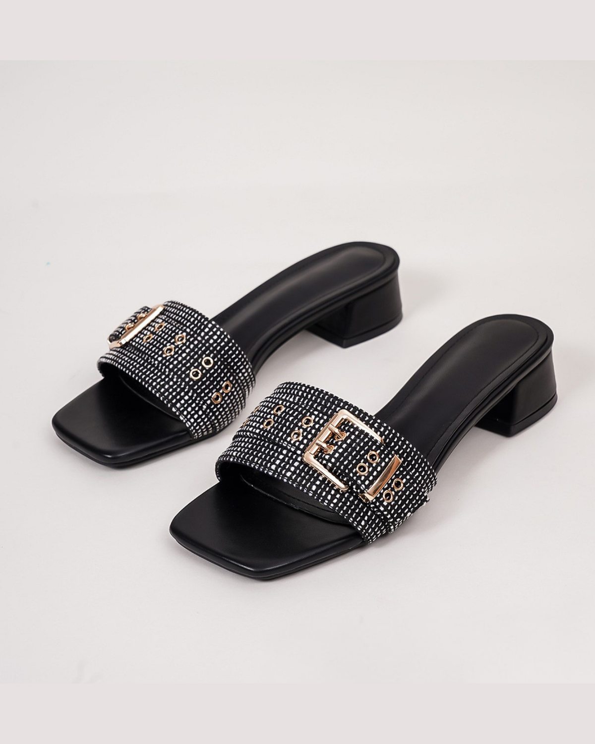Mescini - Black square toe block heel sandals, crystal buckle band studio pair, US women's sizes