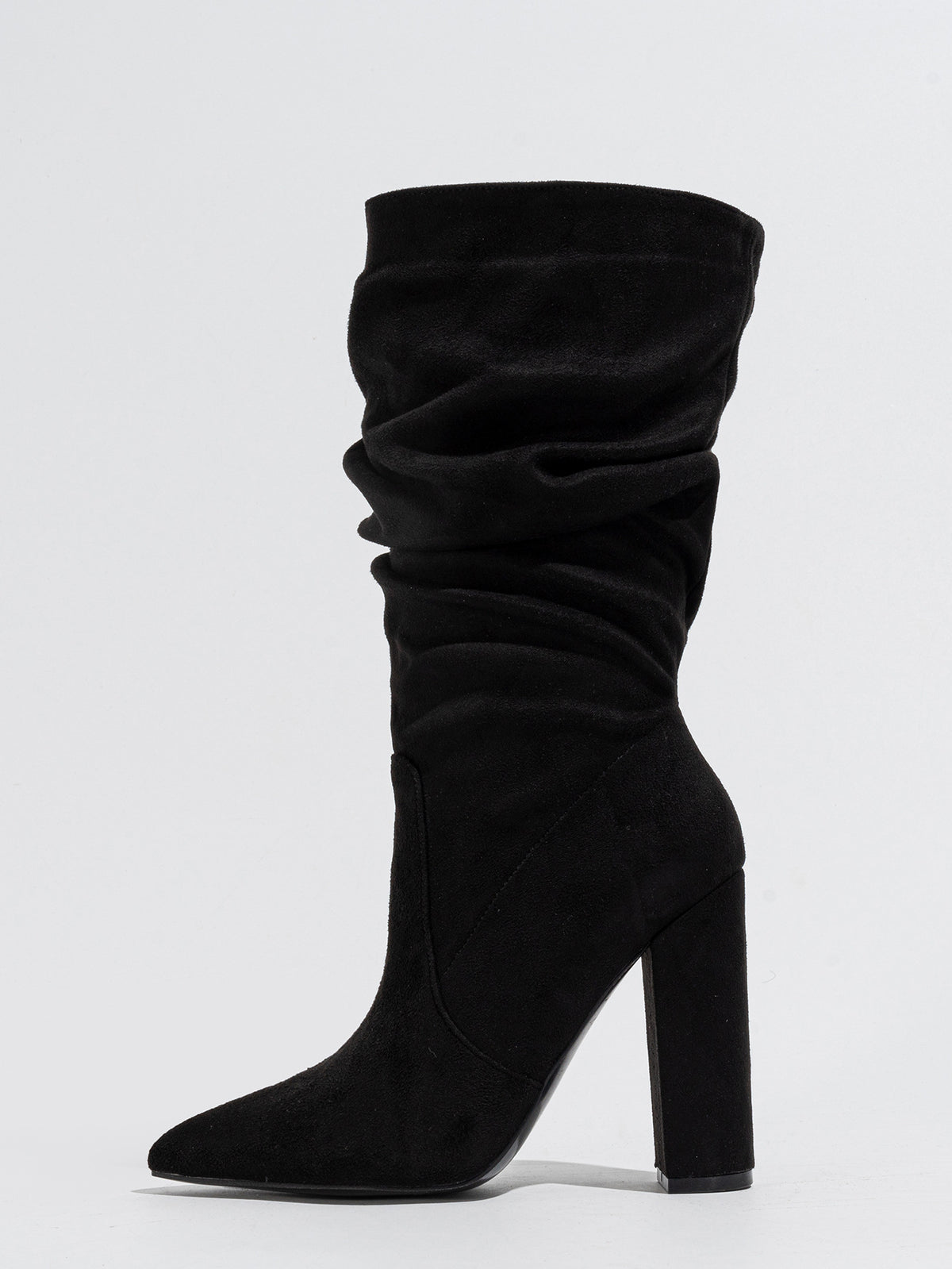 Mescini black slouchy suede knee high boots, single boot in profile view, US women's sizes