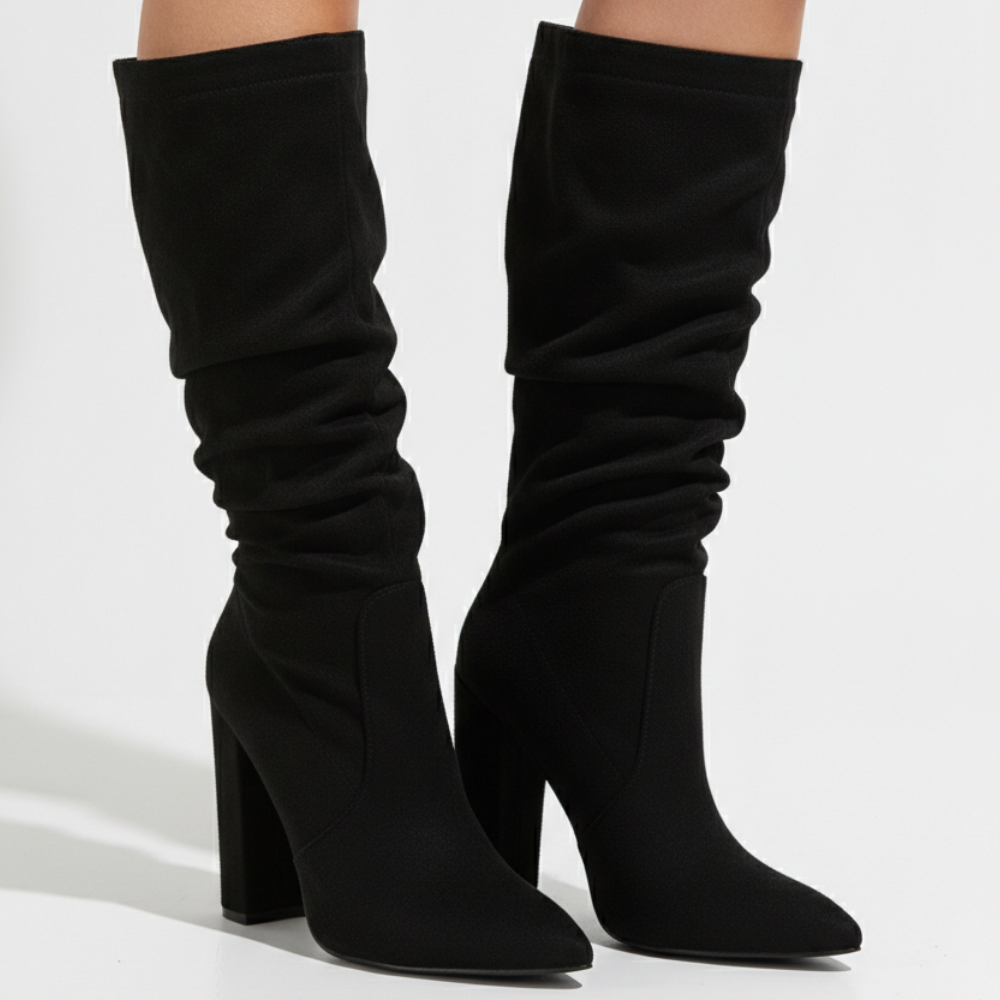 Mescini - black pointed toe tall boots worn on the model, gathered shaft, US women's sizes