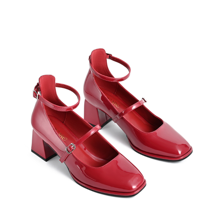 Mescini red square toe block heel mary janes, angled studio view of the pair on white, US women's sizes