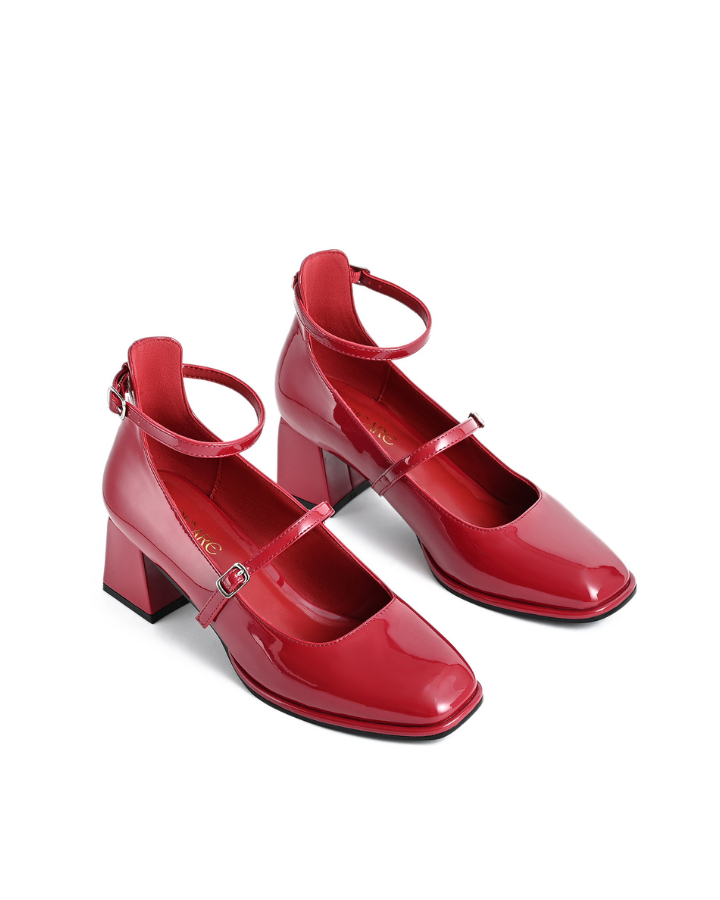 Mescini red square toe block heel mary janes, angled studio view of the pair on white, US women's sizes