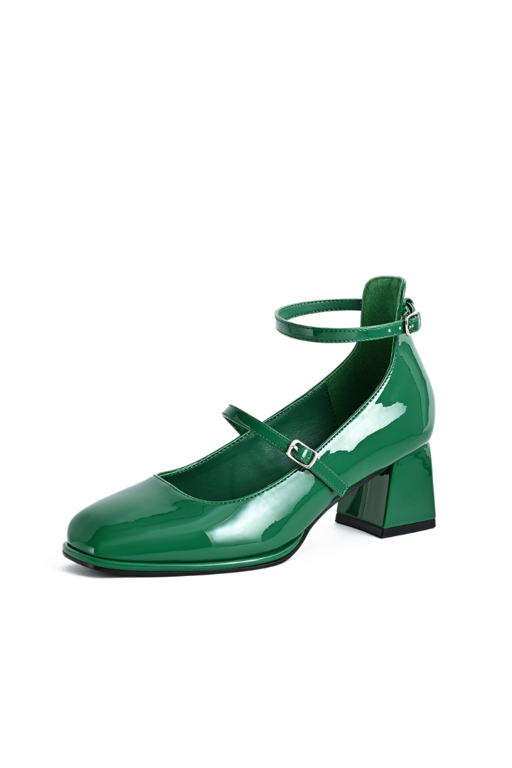 Mescini green square toe block heel mary janes, profile view of a single shoe, US women's sizes