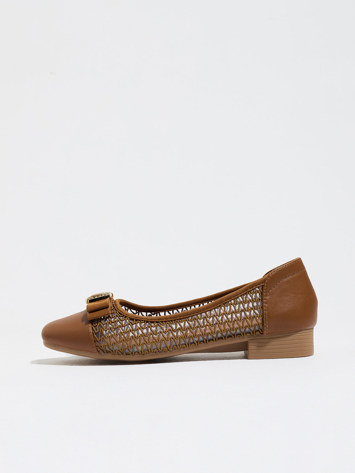 Mescini brown grosgrain bow square toe ballet flats, single shoe seen in side profile, US women's sizes