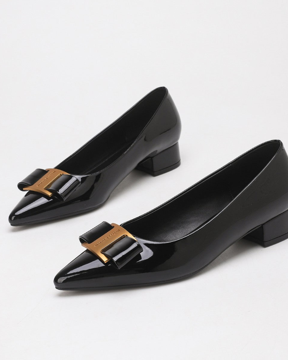 Mescini – black pointed toe low block heel pumps with gold bow, pair view, US women's sizes