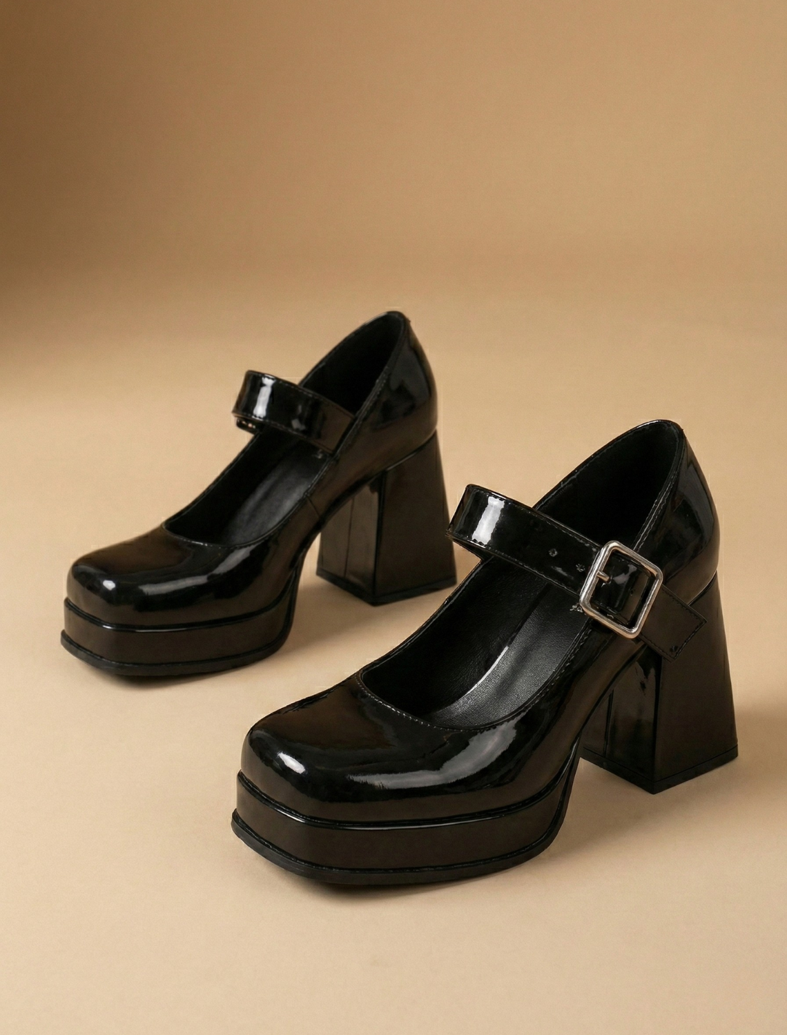 Mescini - Black platform mary jane heels pair photographed at an angle, product view, US sizes