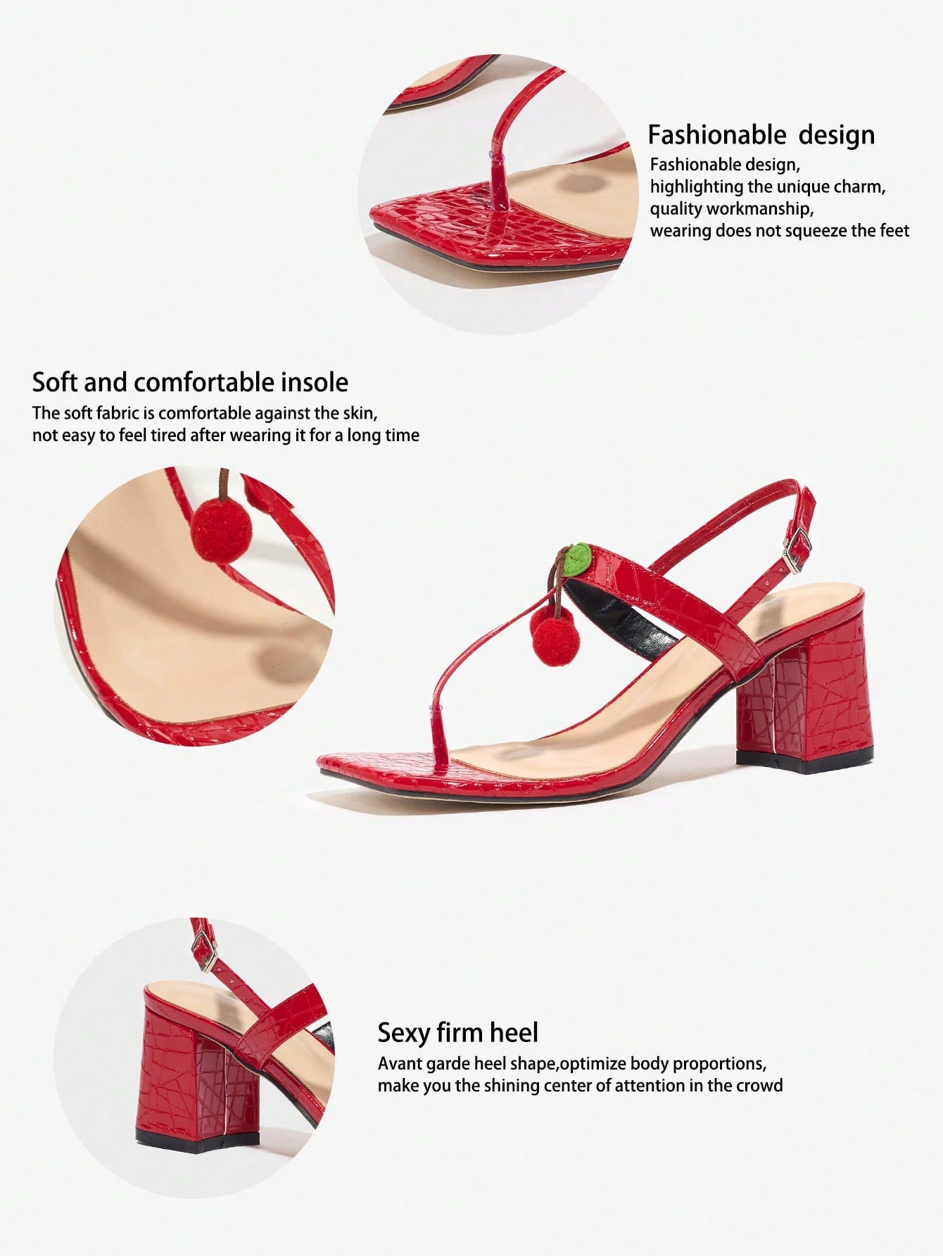 Mescini - Red block heel sandal shown with insole and heel close ups, detail view, US sizes