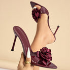 Mescini – burgundy pointed toe mules, rose bloom detail on the vamp, US women's sizes