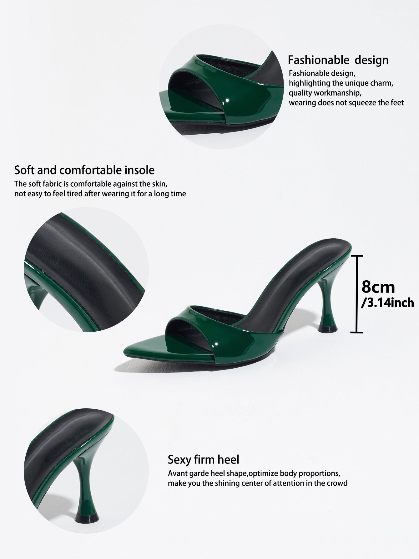 Mescini - Green mule heel shown with the heel measured at 8 cm, spec view, US sizes