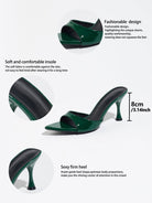 Mescini - Green mule heel shown with the heel measured at 8 cm, spec view, US sizes
