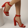 Mescini - Red block heel sandal with covered buckle worn on foot, side view, US women's
