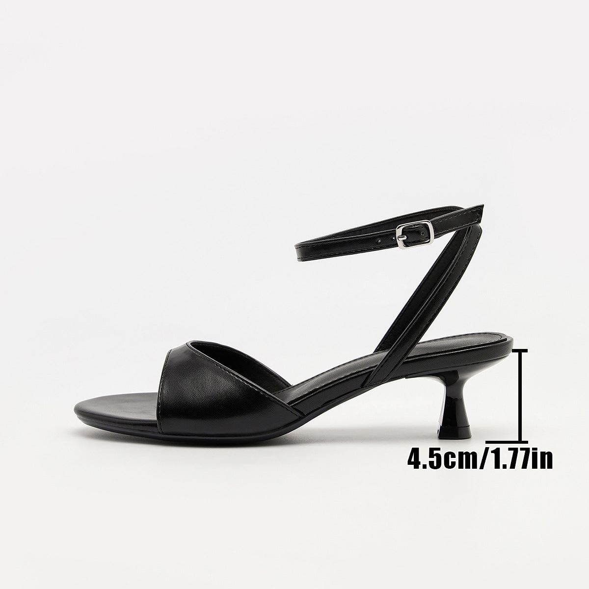 Mescini - Black open toe sandal side profile with the heel measured at 4.5 cm, US women's sizes