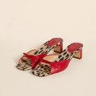 Mescini - Red peep toe block heel mule pair with leopard lining, studio side view, US sizes