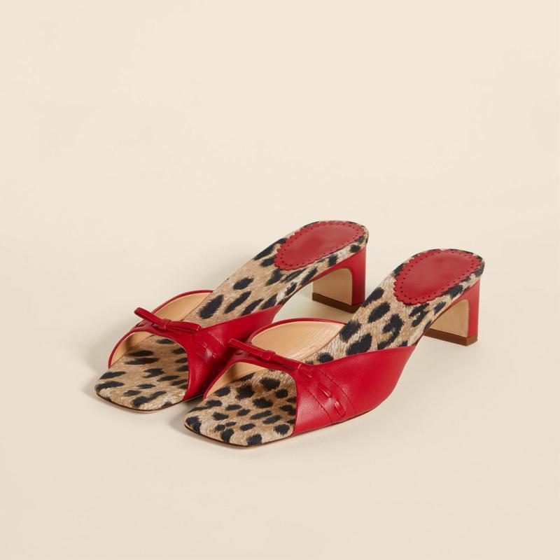 Mescini - Red peep toe block heel mule pair with leopard lining, studio side view, US sizes