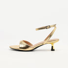 Mescini - Gold open toe kitten heel sandal, single shoe side profile on white, US women's sizes
