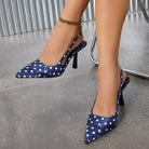 Mescini - Navy polka dot slingback heels worn with an ankle chain, walking view, US women's sizes