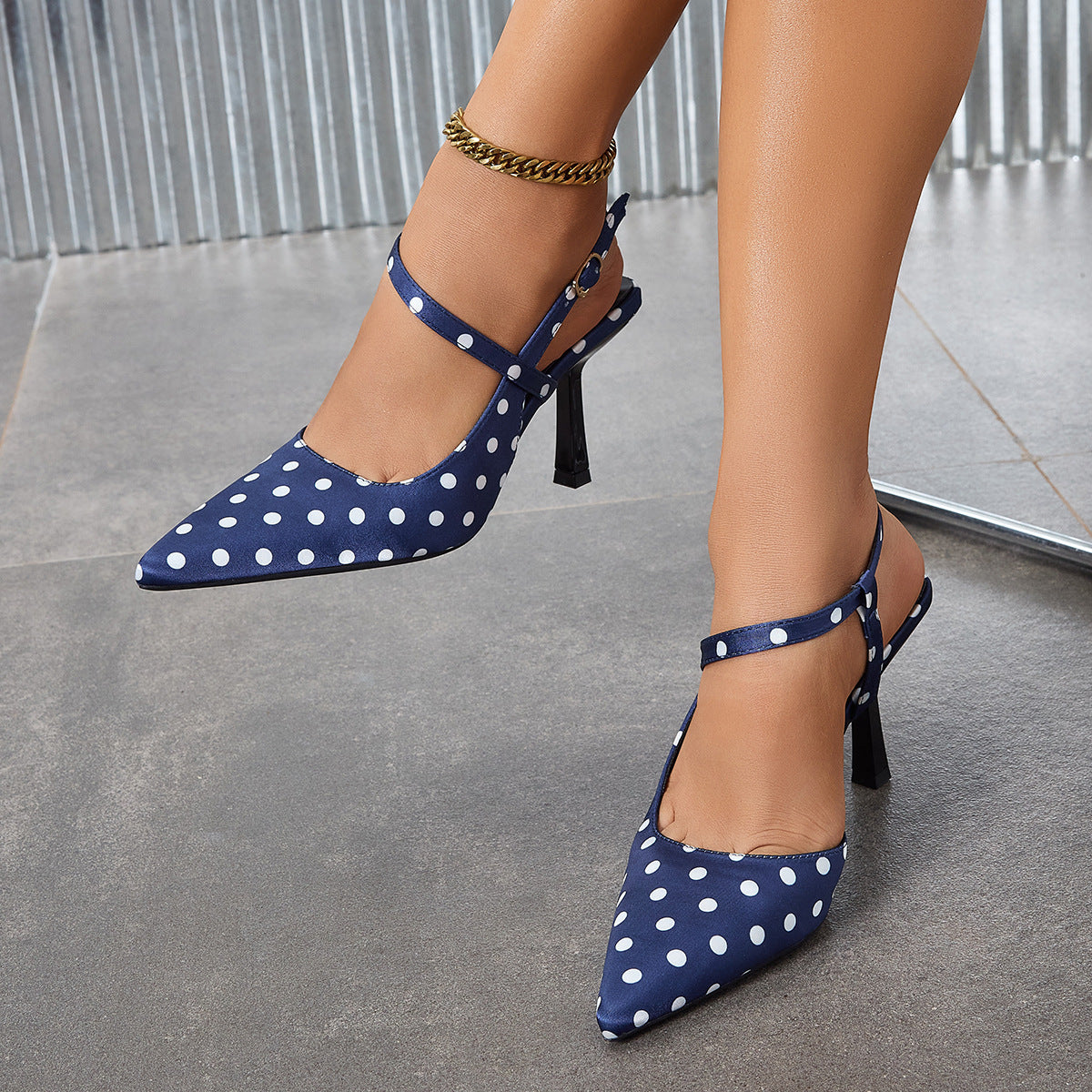 Mescini – Navy polka dot slingback, buckled instep strap fastened, US women's sizes