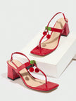 Mescini - Red square toe block heel sandal pair on a white riser, studio view, US sizes
