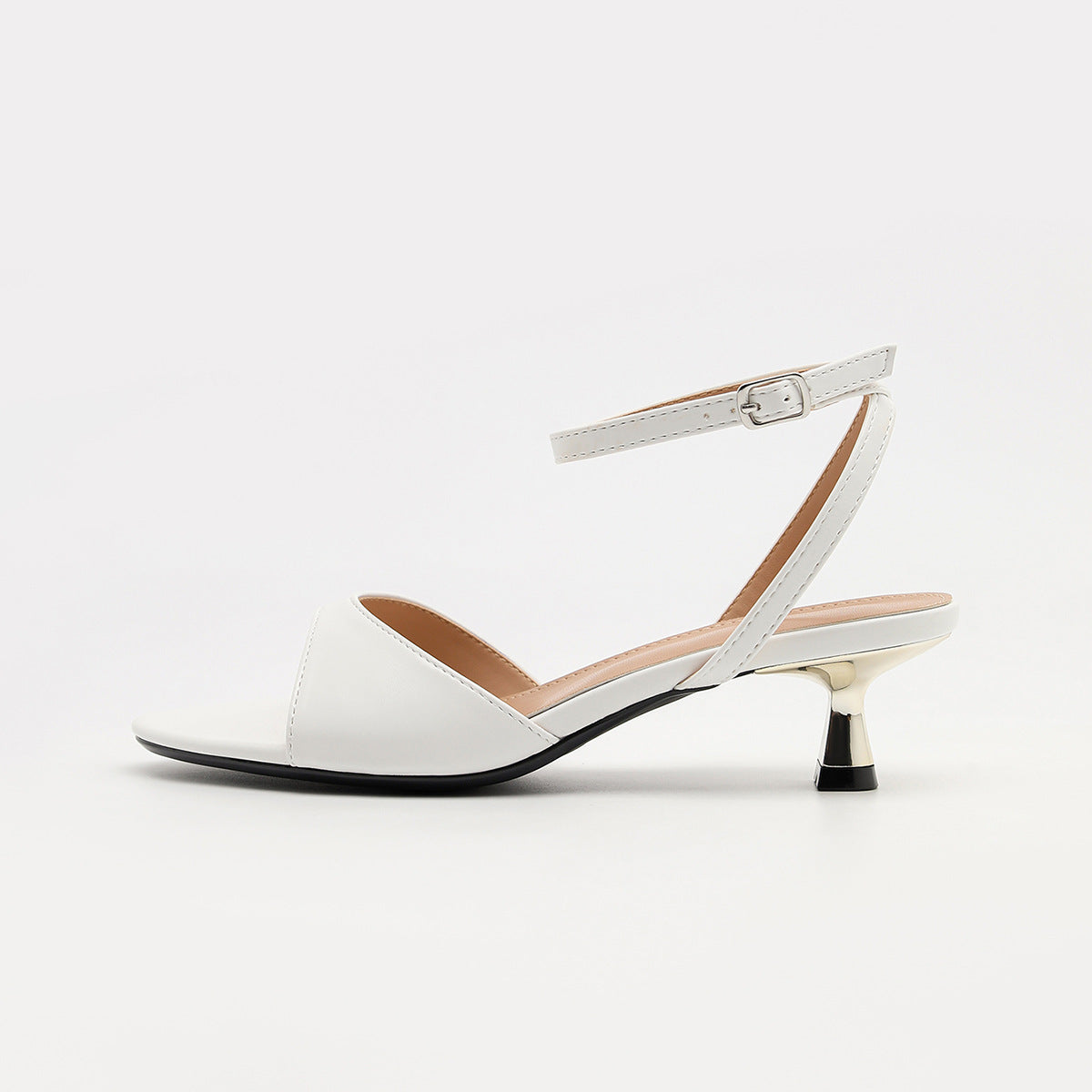 Mescini - White open toe kitten heel sandal, single shoe side profile on white, US women's sizes