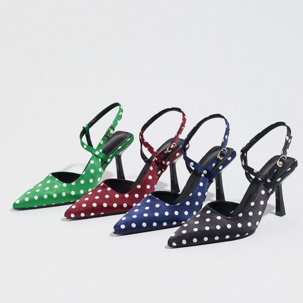 Mescini – Green burgundy navy and black polka dot slingbacks lined up, US women's sizes