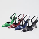 Mescini – Green burgundy navy and black polka dot slingbacks lined up, US women's sizes