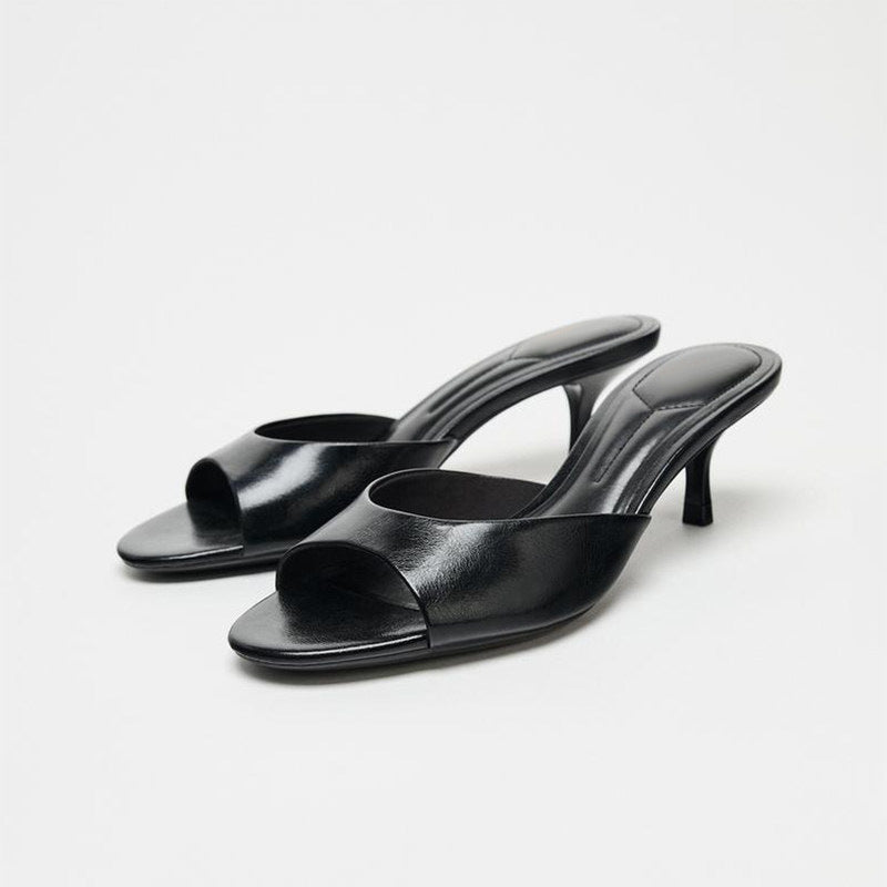 Mescini - Black square toe kitten heel mules as a pair, three quarter studio view, US sizes