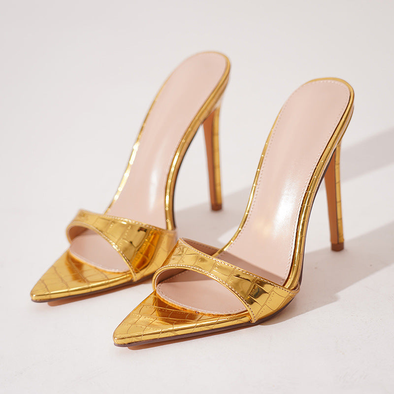 Mescini - Gold pointed open toe stiletto mules pair at an angle, product view, US women's sizes
